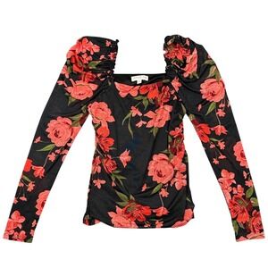 Jolie & Joy Floral Mesh Puff Sleeve Square Neck Top Black Pink Rose Small